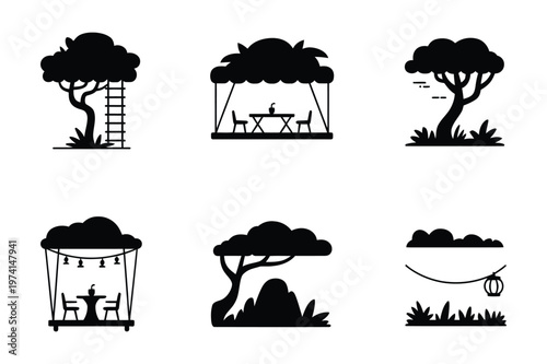 Set of black silhouette outdoor living icons featuring trees and seating areas