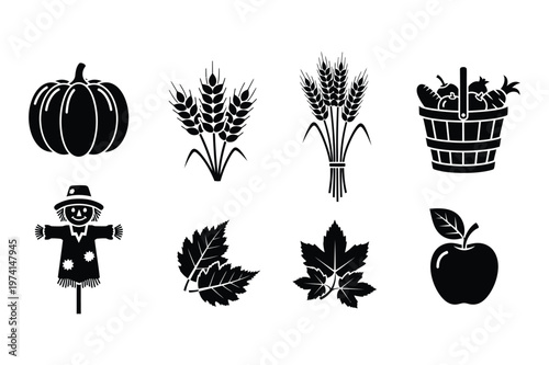 Fall harvest icon set with pumpkin wheat scarecrow and apple symbols, scarecrow