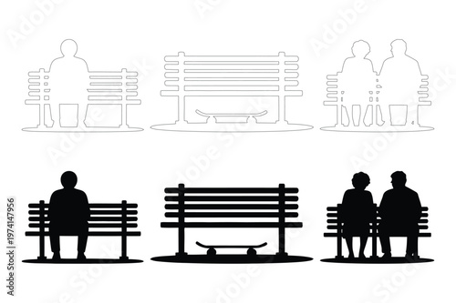 People sitting on park benches silhouette collection with skateboard icon