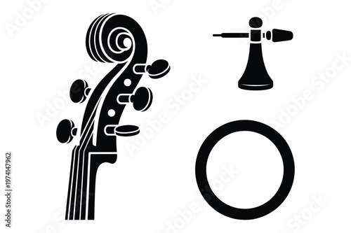Musical instrument icons featuring cello scroll and tuning peg silhouettes