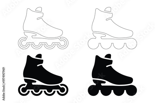 Set of inline skate rollerblade icons in solid black and outline vector styles