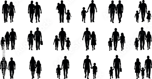 Collection of family and couple silhouettes walking together including parents with children and partners holding hands isolated on white background