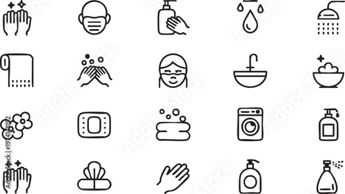 Hygiene and Cleaning Outline Icons for Sanitization and Health Safety
