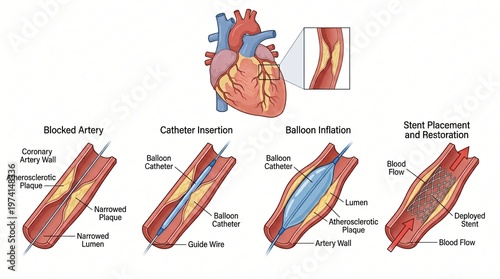 Medical illustration showing coronary artery blockage catheter insertion balloon angioplasty and stent placement