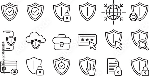 Cybersecurity icon set with shield symbols password login encryption and data protection elements for digital security design