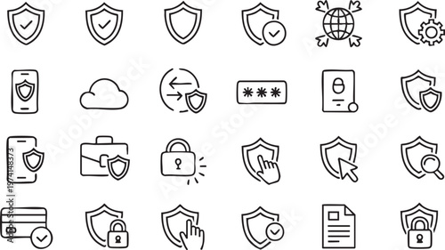Data protection and privacy vector icons featuring shields cloud security and authentication symbols for technology projects