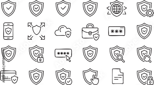 Network security icon collection with shield graphics encryption password login and cyber defense elements