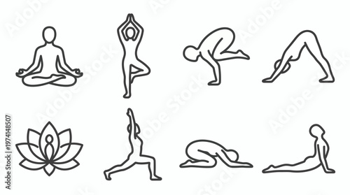 Collection of minimalist black line art icons representing various yoga poses and lotus flower symbol on white background, Symbolizing holistic health and illustrating wellness app design