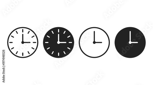 Minimalist black and white clock icon set featuring four different variations of analog watch faces on a white background, represents time management efficiency and symbolizing schedule planning
