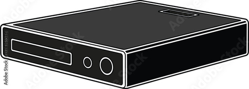 Isometric media player electronic hardware device with control buttons and slot for digital storage.
