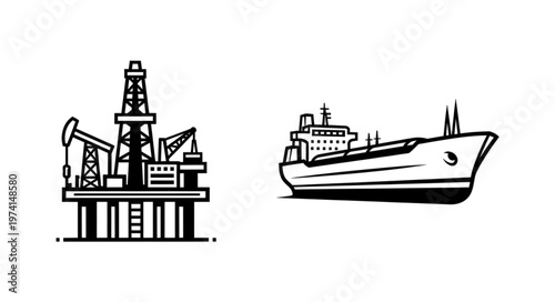 Offshore Oil Rig and Tanker Ship Illustration for Energy Industry.