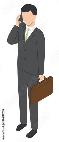 スマホで通話する会社員男性2・アイソメトリック