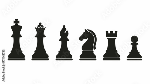 Collection of black chess piece silhouettes including king queen bishop knight rook and pawn on white background, symbolizing strategic business planning and illustrating competition