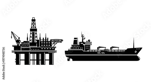 Offshore Oil Rig and Tanker Ship Silhouette Illustration.