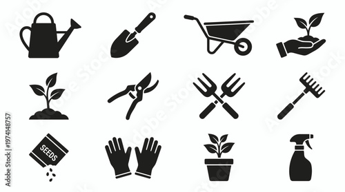 Set of black gardening equipment icons like watering can wheelbarrow plant pruners rake seeds and gloves, representing sustainable horticulture and illustrating professional garden maintenance
