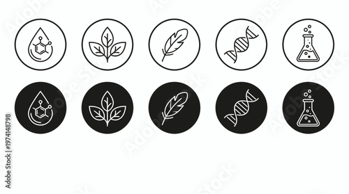Skincare and science icon set featuring leaves, DNA helix, water drop, feather and lab flask icons, illustrating dermatological product benefits and representing natural cosmetic ingredients