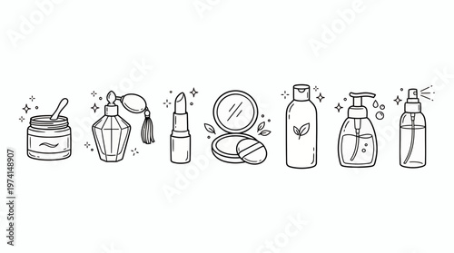 Set of hand drawn beauty and cosmetic product line icons including perfume, lipstick, cream and lotion bottles on white background, representing skincare routine and illustrating branding