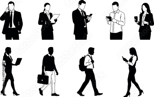 Professional Business People Silhouettes Set Featuring Corporate Characters Walking and Standing with Laptops Smartphones Tablets and Briefcases for Office Concepts