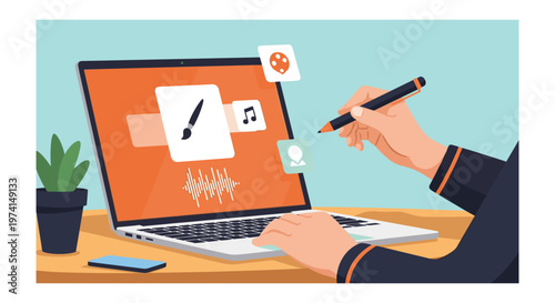 Graphic designer working on creative project with stylus on laptop in modern workspace with orange and green accents in bright colorful lighting for digital marketing