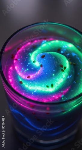 Vibrant Galaxy Swirl Drink in Glass with Colorful Lights.