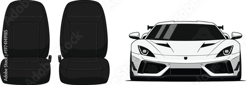 Modern white sports car front view and black leather vehicle seats set for automotive design layout.
