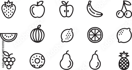 Healthy fruit icons collection with outline symbols for apple watermelon grape and citrus fruits