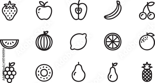 Minimal fruit icon set with line art apple banana strawberry and tropical fruits for menu design