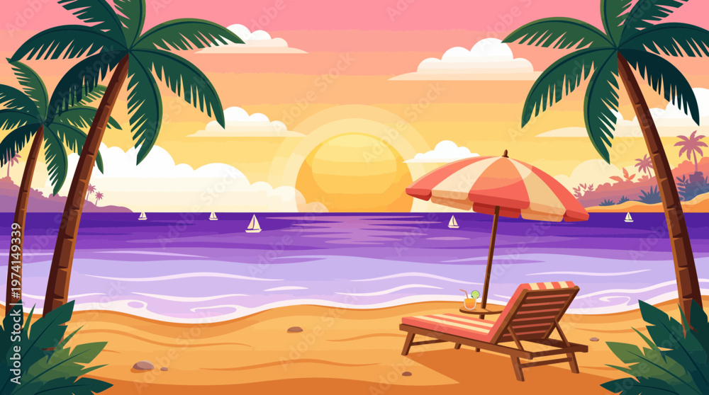 Fototapeta premium Tropical beach landscape with palm trees beach chair umbrella and cocktail at sunset over purple ocean waves, symbolizing summer vacation planning and representing luxury resort travel marketing