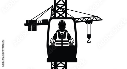 Construction worker operating a tower crane from the cabin black silhouette