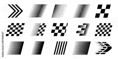 Racing stripes with checkered flag design elements, motorsport inspired graphics, speed, victory and competition concept, bold line styles, finish race symbolism, automotive decal set for cars