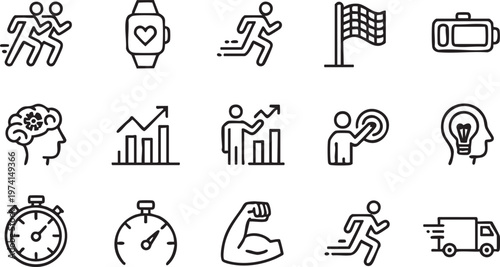 Health and fitness icons featuring running smartwatch target and strength symbols for performance tracking