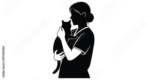 Woman gently cradling a cat in a striking black silhouette