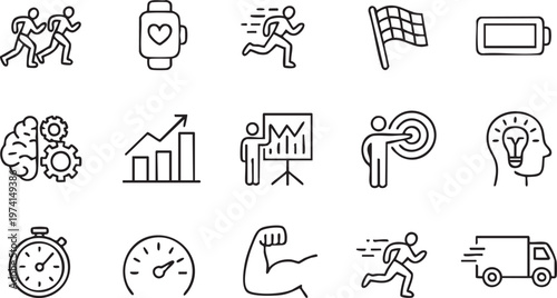 Athlete performance icons with running goal tracking smartwatch and strength symbols for fitness design