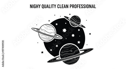 Planets and stars in a cosmic arrangement detailed black and white silhouette