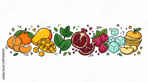 Horizontal border of colorful cartoon fruits including orange slices, mango, mint, pomegranate, raspberries, ice cubes and apple, representing healthy lifestyle, illustrating fresh juice