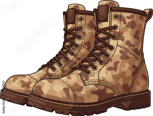 Pair of camouflage combat boots military footwear tactical army shoes accessory vector illustration.