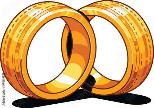 Pair of entwined golden rings, two wedding bands linked together, illustration of matrimony.