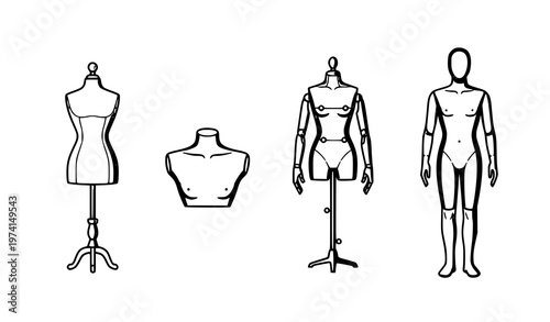 SEO-Friendly Title:
Stylized mannequin atelier outline vector icons for fashion web design