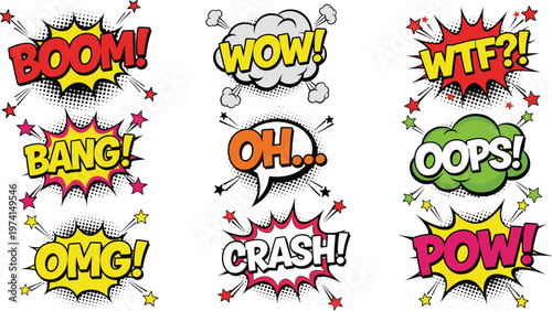 Comic speech bubbles set, pop art explosion words, boom bang wow omg oops crash pow, colorful retro style, vector illustration design