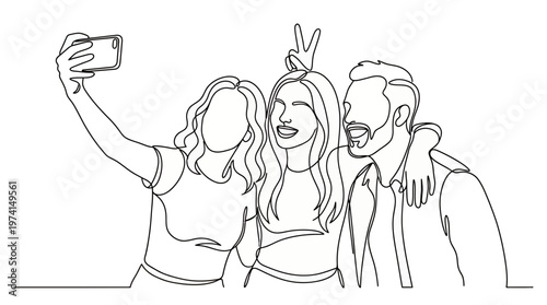 Continuous one line drawing of three happy friends taking a group selfie with smartphone while smiling together, representing youthful friendship, illustrating digital lifestyle marketing