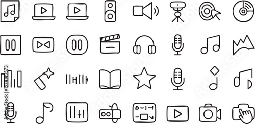 Music and audio icon pack with media player controls microphone and headphones symbols