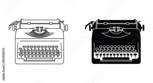 Two vintage typewriters depicted in line art and solid black silhouette
