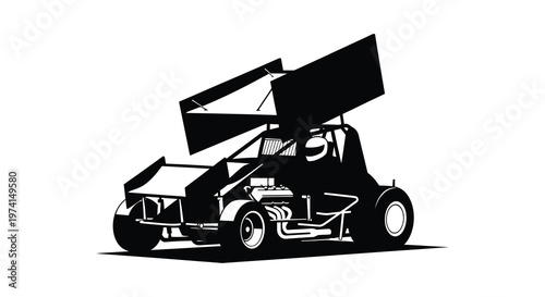 A dynamic sprint car illustration in stark black a striking silhouette