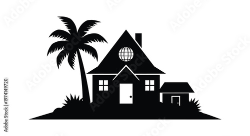Tropical house with a round window and palm tree black silhouette