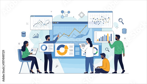 Diverse team collaborating on data analysis and business intelligence with various charts and graphs displayed on screens.
