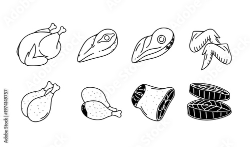 Chicken parts icon set meat cuts supermarket vector