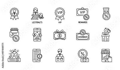 Customer benefits linear icon set loyalty program vector