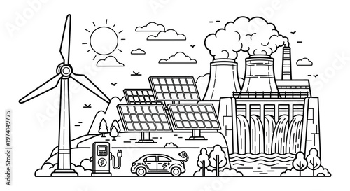 Renewable energy sources contrast with industrial pollution a striking silhouette