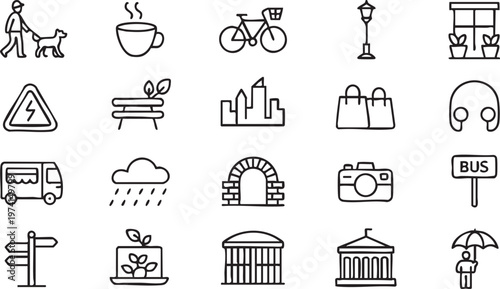 Travel and city icons set with urban symbols including transport weather and public services