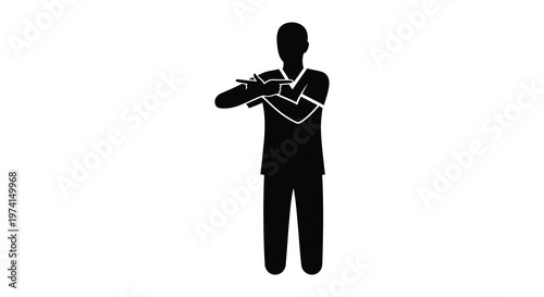 A person pointing with both hands a stark black figure silhouette